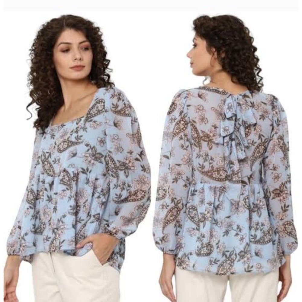 American Eagle Paisley Blue Floral Semi Sheer Square Neck Peasant Blouse Sz S